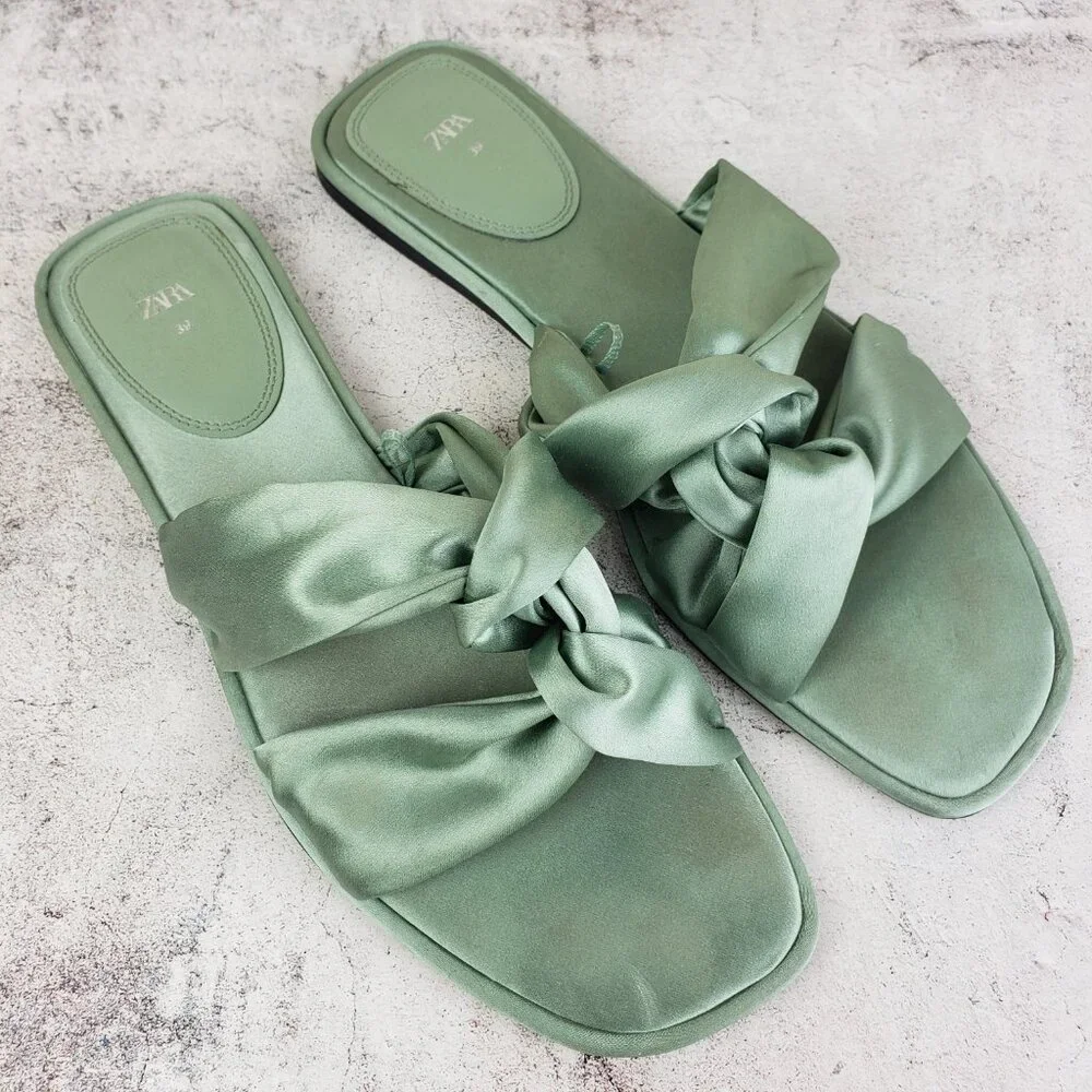ZARA Knotted Flat Sandals Satin Flip Flops Green Bow Slippers size 39 US 8.5 - Picture 7 of 12